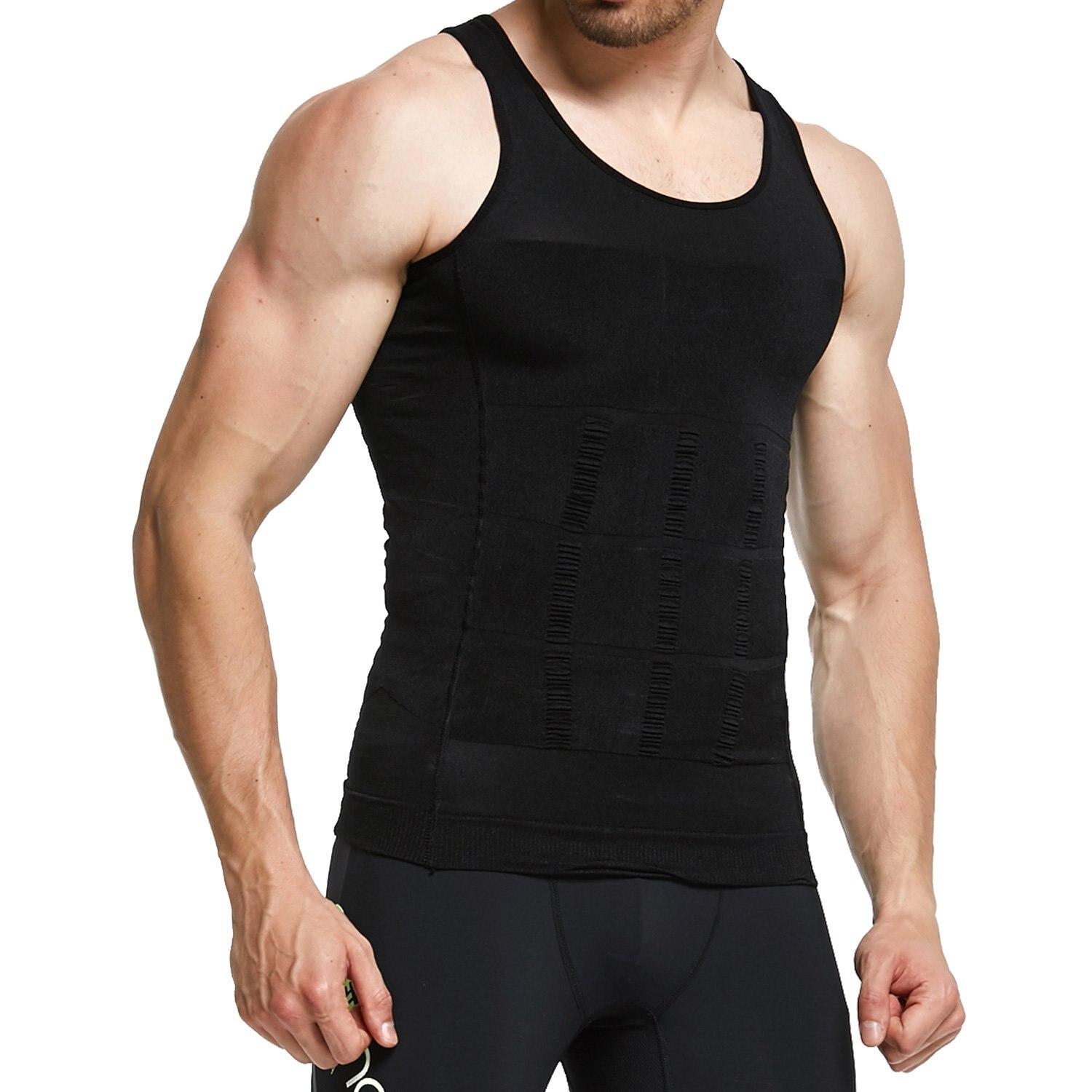 Herren-Kompressionsshirt zum Abnehmen, Body Shaper, Weste, Taille, Traner, Workout-Tanktops, Bauchkontrolle, Wear, Abnehmen, Gynäkomastie-T-Shirt L schwarz