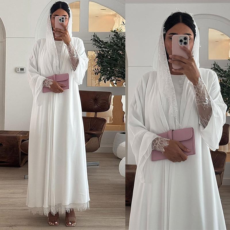 Damen Abaya Schal Spitze Ärmel Offener Cardigan Kleid Eid Muslimische Party Jalabiya Ramadan Abayas Marokko Kaftan Arabisches Langes Gewand XL weiß