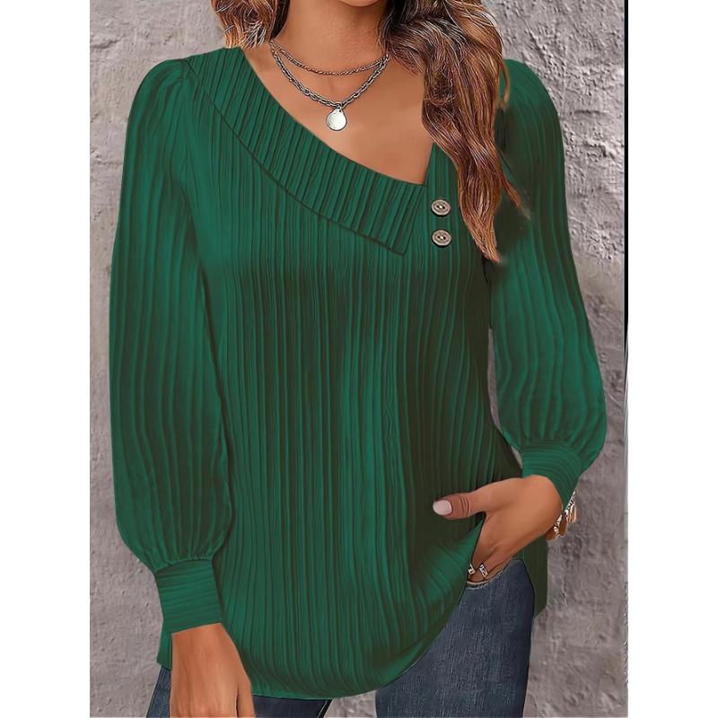 Frühling und Herbst Damen Bluse Einfache Plissee Bluse V-Ausschnitt Knopf Einfarbig Langarm Top M grün