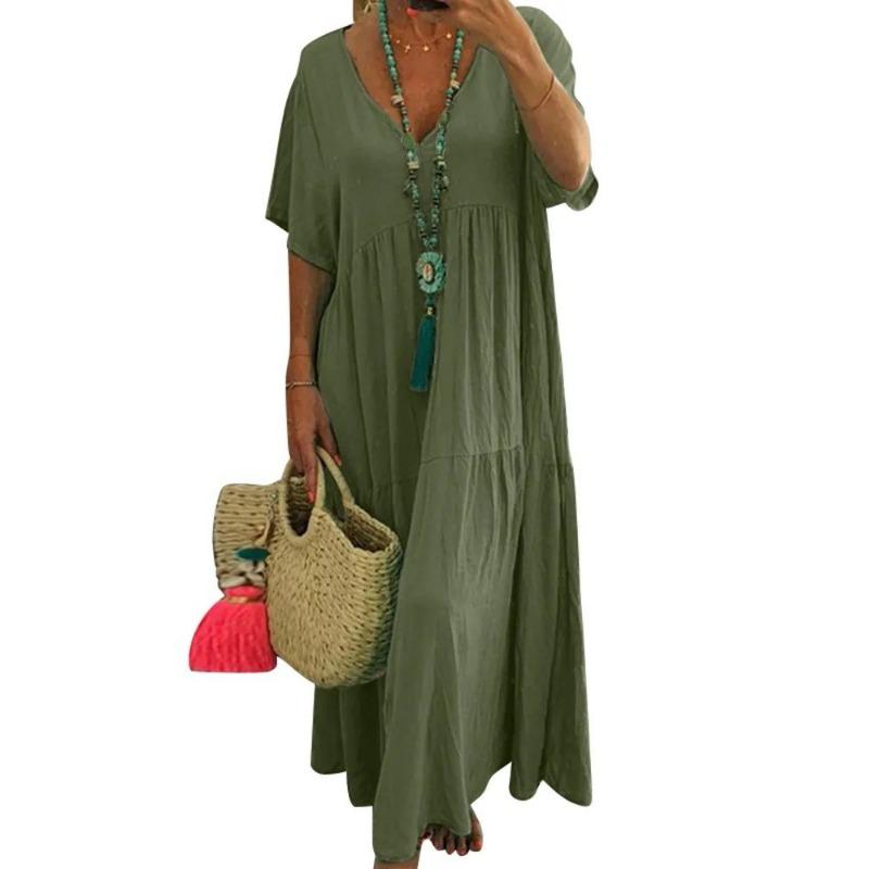 Damen Sommer Freizeit Baumwolle Leinen Kleid V-Ausschnitt Kurzarm A-Linie Sommerkleider Plissiert Fließend Locker Sitzend Lange Kleider 2XL dunkelgrüne
