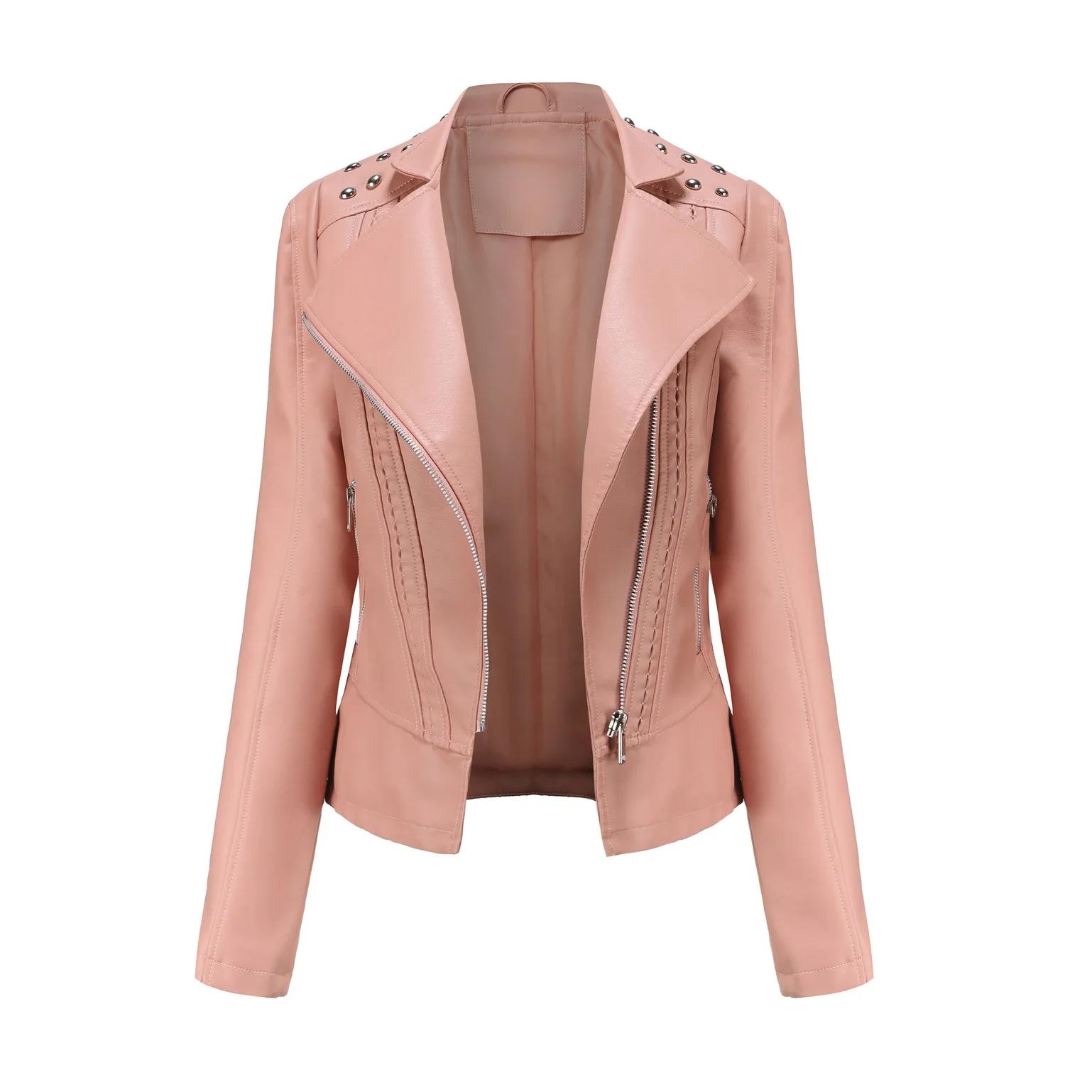Damen Kunstleder Mantel Dünne PU Mäntel Umlegekragen Langarm Sexy Jacken Reißverschluss Lässig Spleiß Kurzjacke Slim Fit M rosa