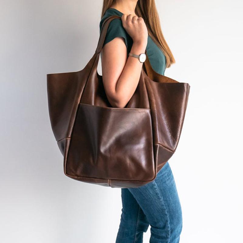 Handgefertigte Große Strandtasche Hohe Kapazität Reißverschluss Schulter Einfarbige Multifunktionale Handtaschen Für Damen kaffeebraun