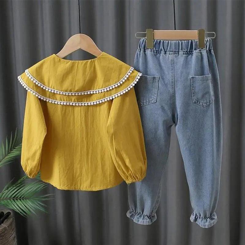 Mädchen Anzüge Frühling und Herbst Kleidung Herbst Kleidung Shirts Denim Lange Hosen Kinder Kleidung Große Kinder Herbst 120 gelb
