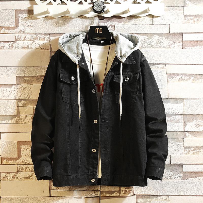 Blaue Jeansjacke für Herren mit Kapuze, lässige Jeansjacke für Herren, Streetwear, einfarbig, Umlegekragen, Jeansmäntel für Herren, Jacken mit abnehmbarem Hut L schwarz