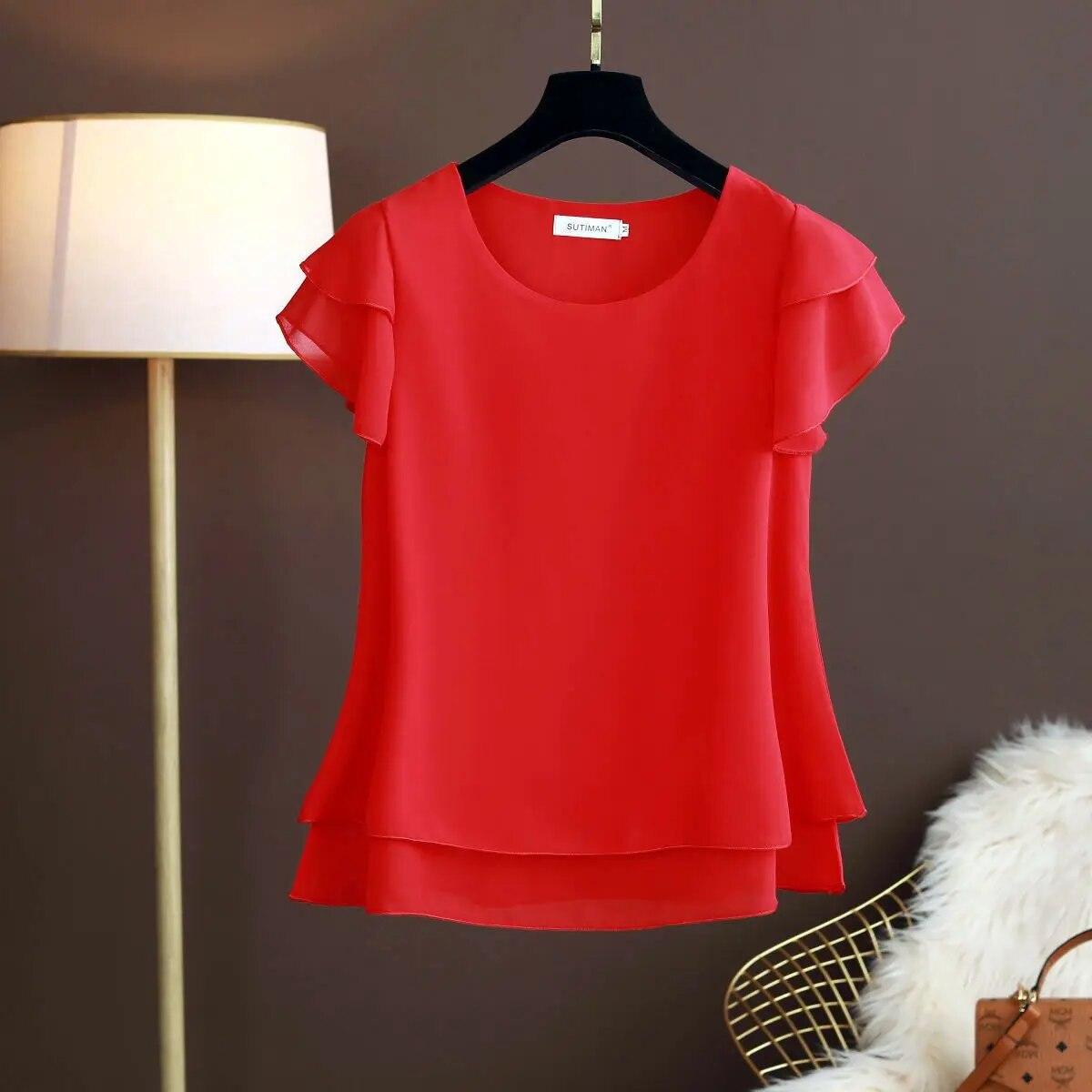 Sommer Übergroße lockere und dünne lässige Bluse Top Kurzarm Chiffon Top Weiße Bluse Grüne Damen Tops S rot