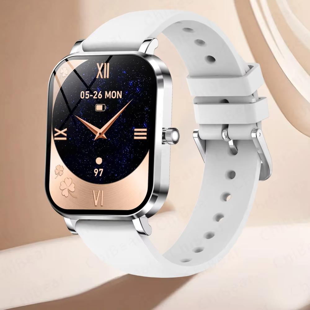 2025 Neue Mode Damen Smartwatch AMOLED HD Bildschirm Herzfrequenz Blutsauerstoffüberwachung BT Anruf Sport Smartwatch Frau für IOS Android Silicone silber