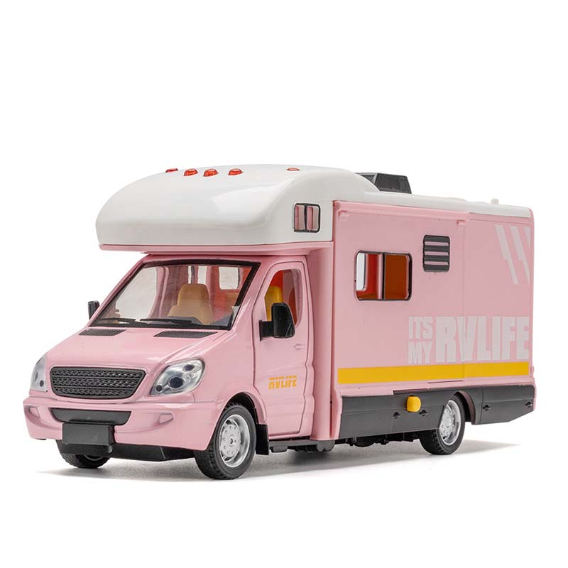 Wohnmobil-Spielzeug im Maßstab 1:32, Druckguss-Metall-Freizeitfahrzeug, Rollenspiel, zurückziehbare Modellautotüren und Markise, offenes Licht, Sound für Jungen und Mädchen 1/32-Size:21.5*9.5*7.5cm rosa