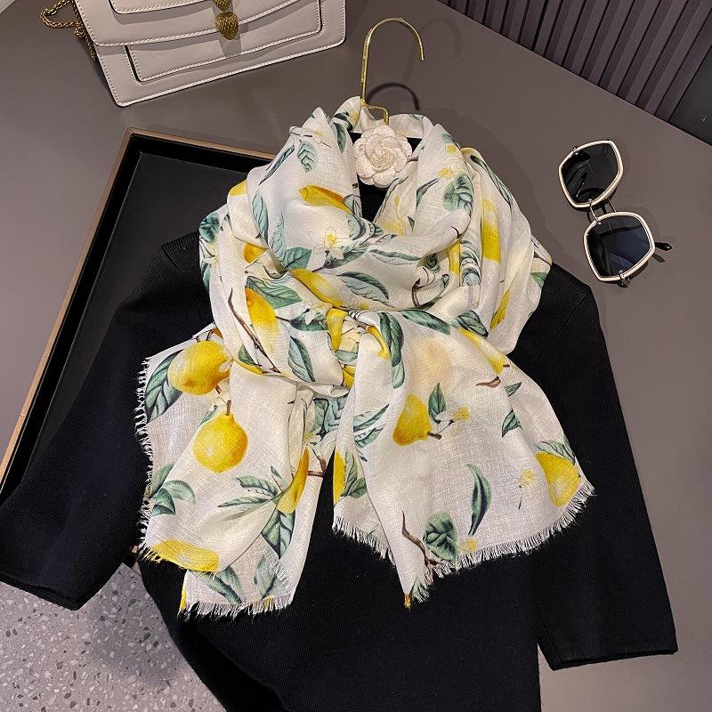 Modisches Zitronenbaum-Blumen-Viskose-Weiches Tuch Boho-Chic Dünner Fransen-Schal Damen Perfekt für Reisen & Freizeit Muslimischer Hijab black