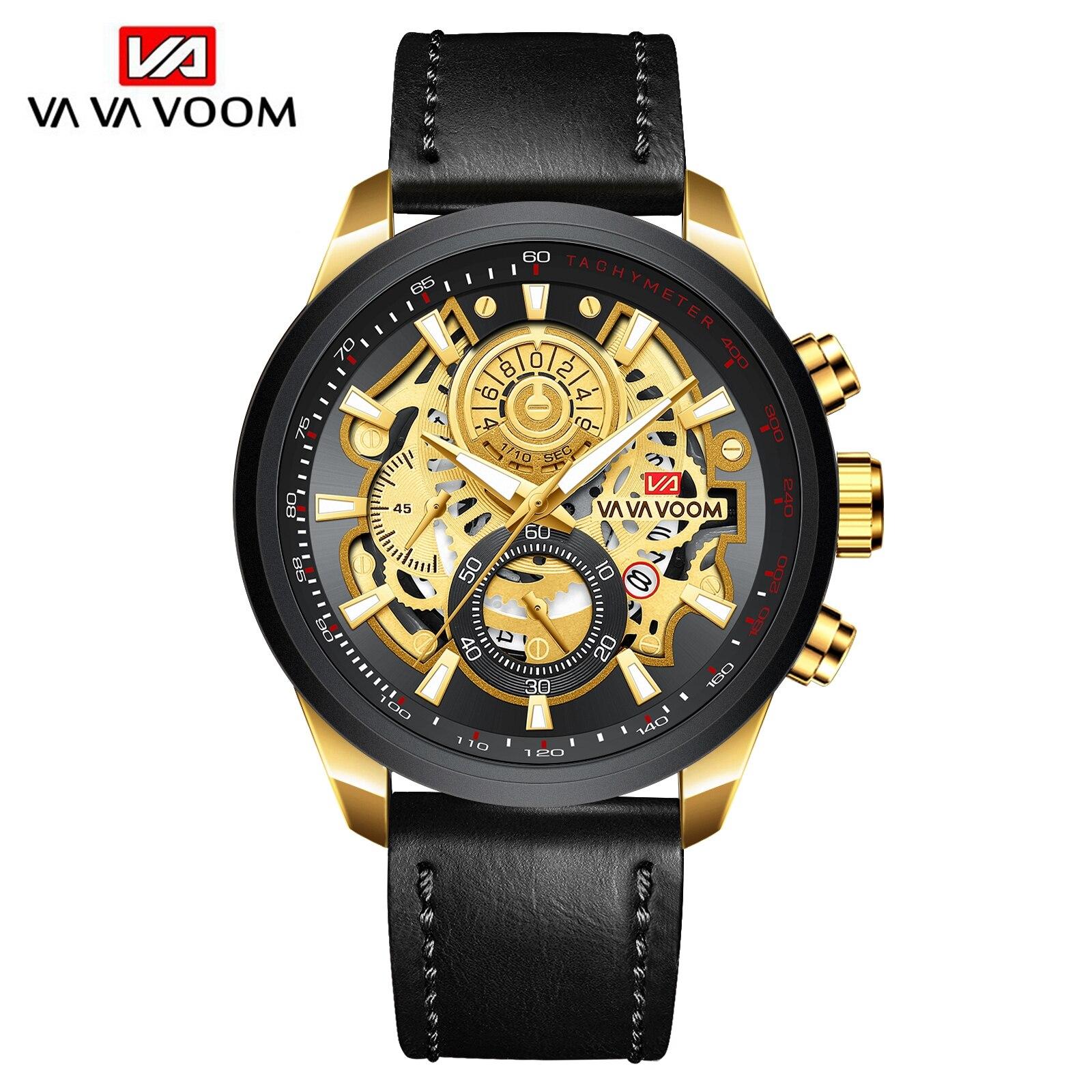 VA VA VOOM Herren-Top-Sportuhr, modisches Design, luxuriös, Gold, Schwarz, Edelstahl, Quarzwerk, Kalender, wasserdicht, für Herren-Armbanduhren Leather strap schwarz/gold