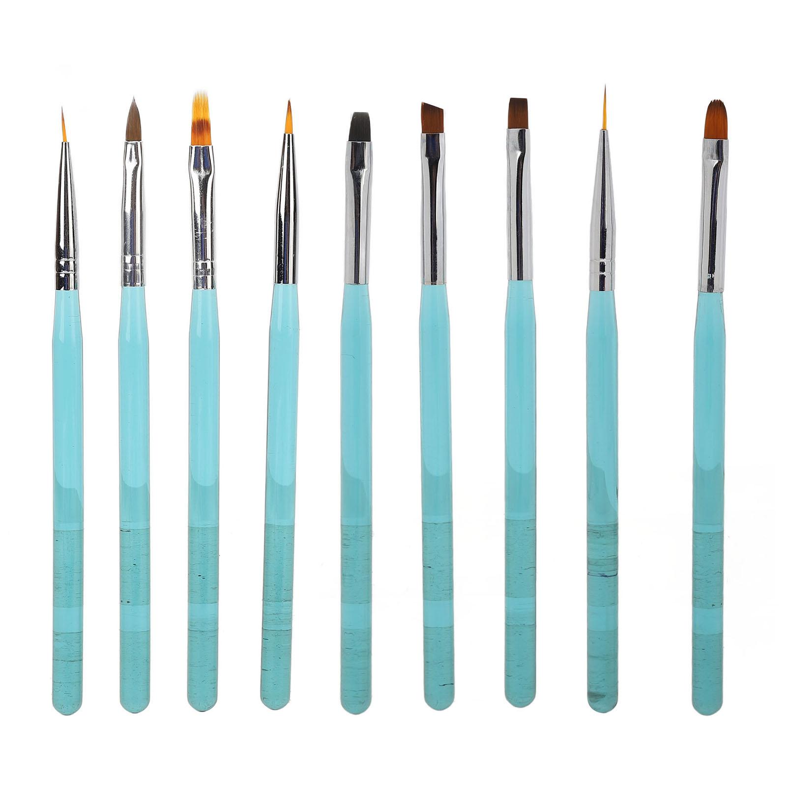 9 Stück Nail Art Pinselset Nylonhaar Nageldesign Pinsel mit Transparentblauem Metallstiel für DIY Nagel