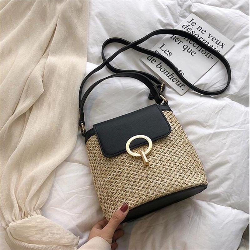 Yogodlns Lässige Ketten Stroh Eimer Taschen Frauen Sommer Messenger Bag Rattan Taschen Strand Dame Reise Geldbörsen und Handtaschen Umhängetasche 20x12x21cm schwarz