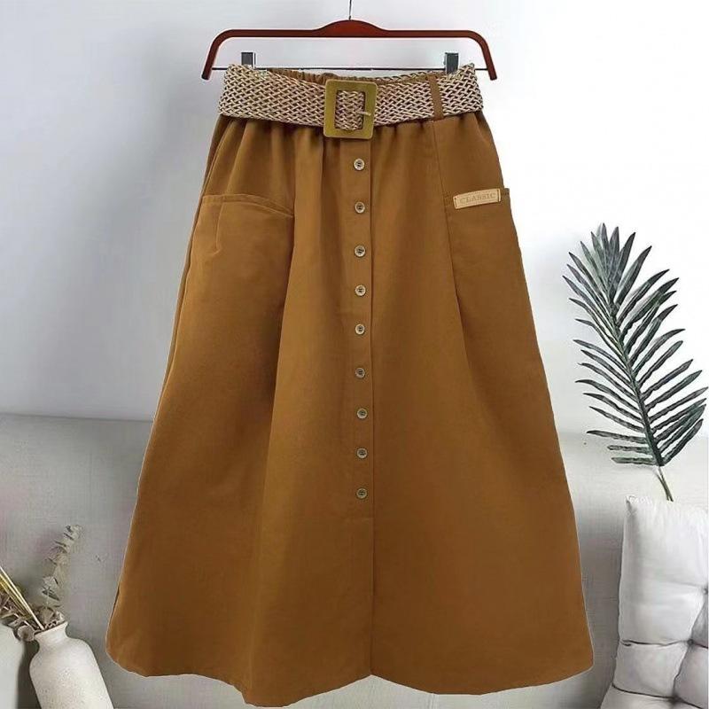 Baumwolle Midi Rock mit Gürtel Frauen Einreiher große Taschen hohe Taille A-Linie Rock Herbst Sommer koreanische Mode langen Rock 2XL braun