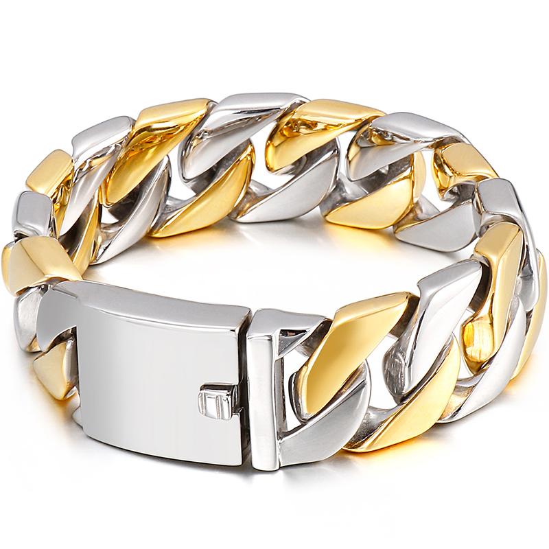 Handaccessoires aus poliertem Edelstahl, 20 mm breit, kubanische Eisenkette, Herrenarmband, Luxus, verblasst nicht, Farbe Gold, Herrenschmuck für Jungen 22CM silber/gold