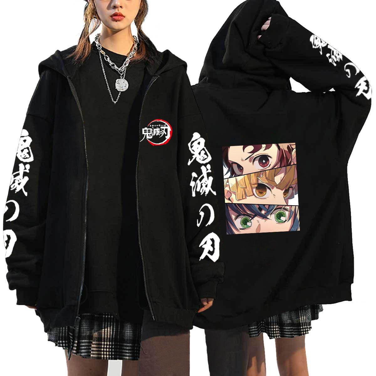 Demon Slayer Japanischer Anime Tanjirou und Nezuko Reißverschluss Hoodies Sweatshirts Damen Herren Cartoon Jacken Sweatshirt Unisex Streetwear Mäntel Tops Strickjacke L
