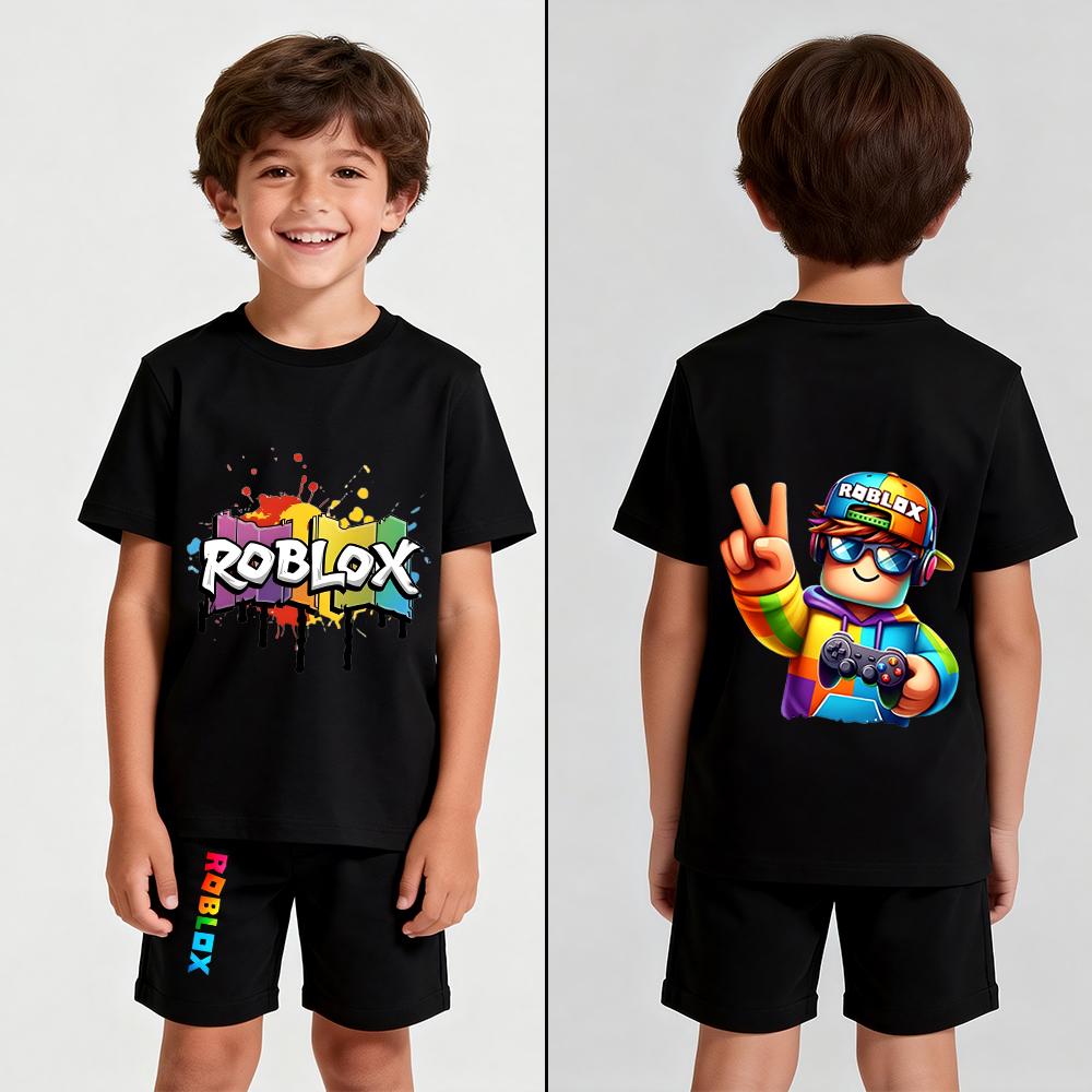Modisches Cartoon-Spiel-Print Kinder T-Shirt und Shorts 2-teiliges Set Sommer Freizeit Outfit für Jungen und Mädchen Kinderbekleidung 120