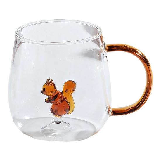 Handgefertigtes Glas Tier Pflanzenform Transparentes Wasserglas Niedliches Kaffee Milch Trinkglas mit buntem Henkel Squirrel