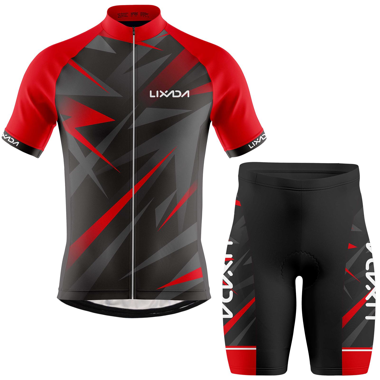 Lixada Herren-Radtrikot, atmungsaktives Kurzarm-Fahrradshirt und gepolsterte Shorts, MTB-Fahrradbekleidung S rot