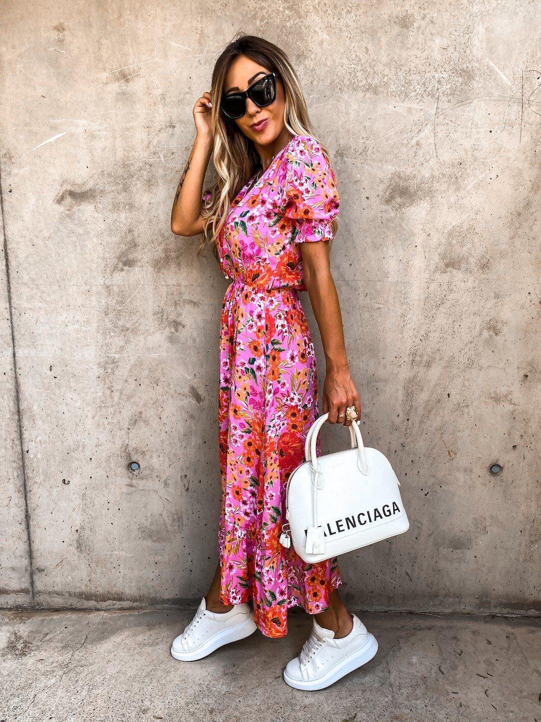 Sommer Floral Print Kleid Frauen V-ausschnitt Seite Schlitz Langes Kleid Elegante Kurzarm Taste Schlank Frühling Weibliche Party Kleid XL