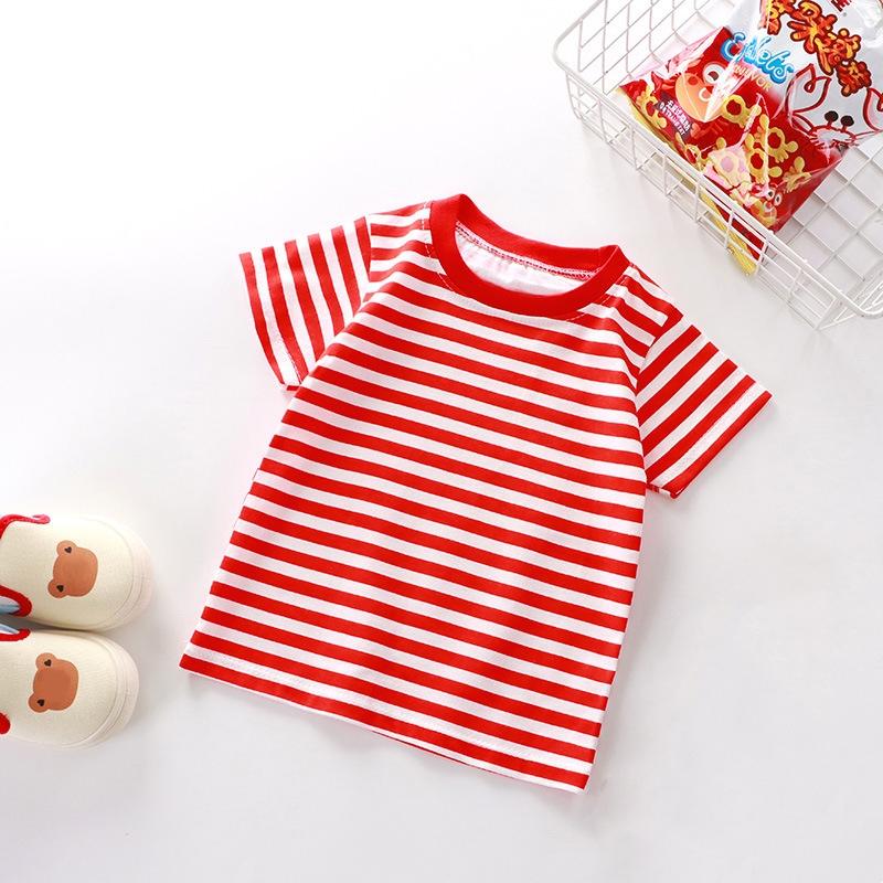 Jungen Mädchen Gestreifte T-Shirts Kinderkleidung Freizeit Kurzarm Rundhals Baumwolle Oberteile T-Shirts Kinderkleidung Sommer 110 rot