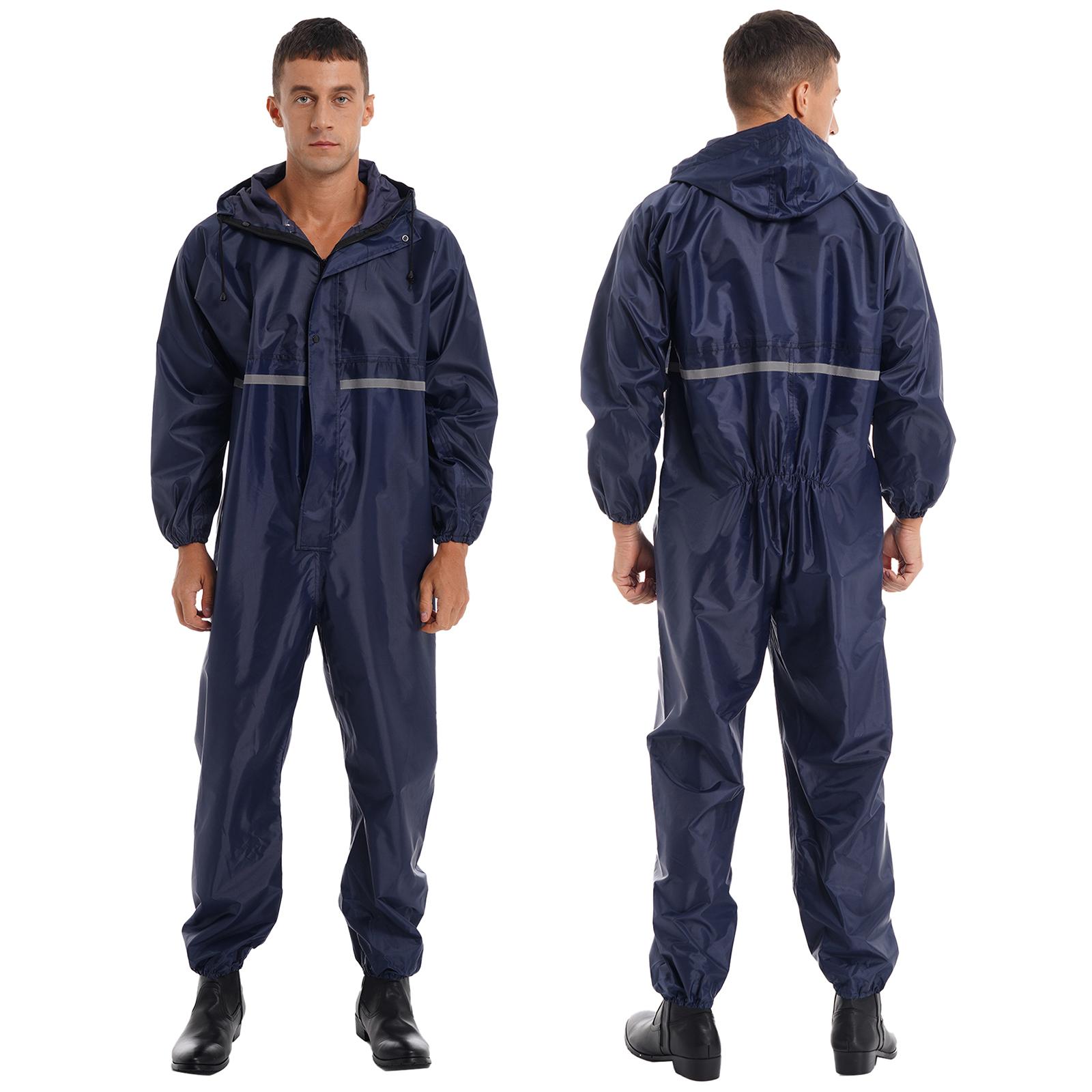 Wasserdichter Herren-Overall, reflektierender Streifen, Regenanzug, langärmelig, Kapuzen-Regenmantel, Reißverschluss-Overall M navy blau