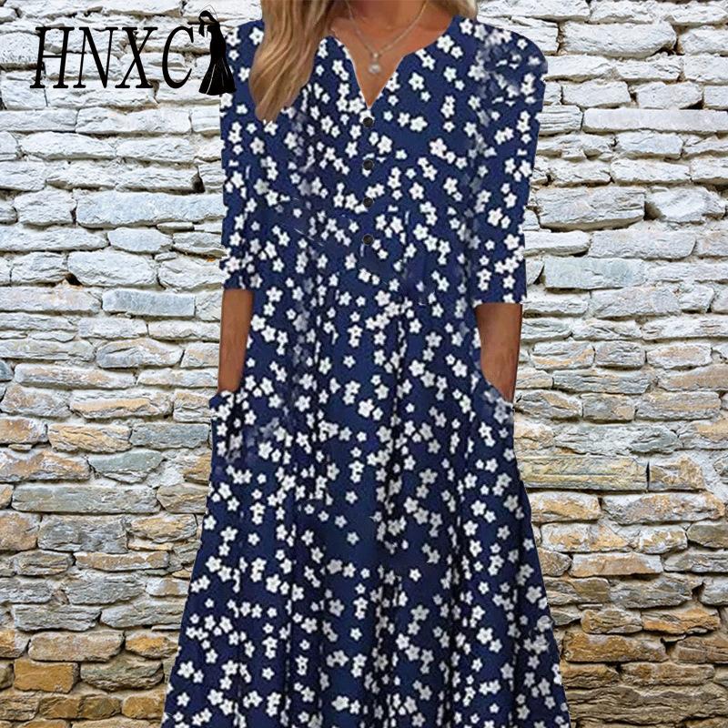 HNXC Elegante Damenkleider V-Ausschnitt Kurzarm Knopf Partykleid Damen Sommer Vintage Druckkleid Lässig Locker Floral Damenkleider XXXL