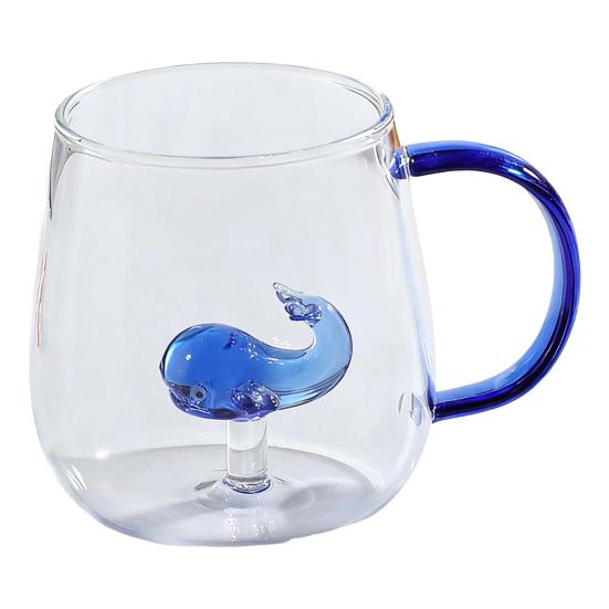 Handgefertigtes Glas Tier Pflanzenform Transparentes Wasserglas Niedliches Kaffee Milch Trinkglas mit buntem Henkel Whale