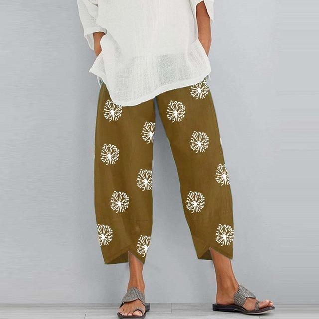 Frauen Vintage Harem Hosen Blumen Druck Elastische Taille Plus Größe Lose Hosen Baumwolle Leinen Breite Bein Hose Lose Sommer Hosen M khaki