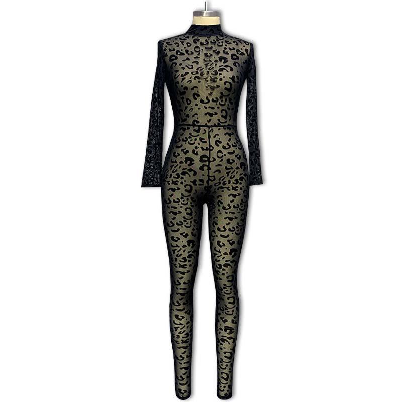 Bodycon Leopard Overall Bodysuit INS Fitness Herbst Mode Overall Sexy Frauen Slim Fit Lange ärmeln Zurück Zipper Casual Overall S schwarz