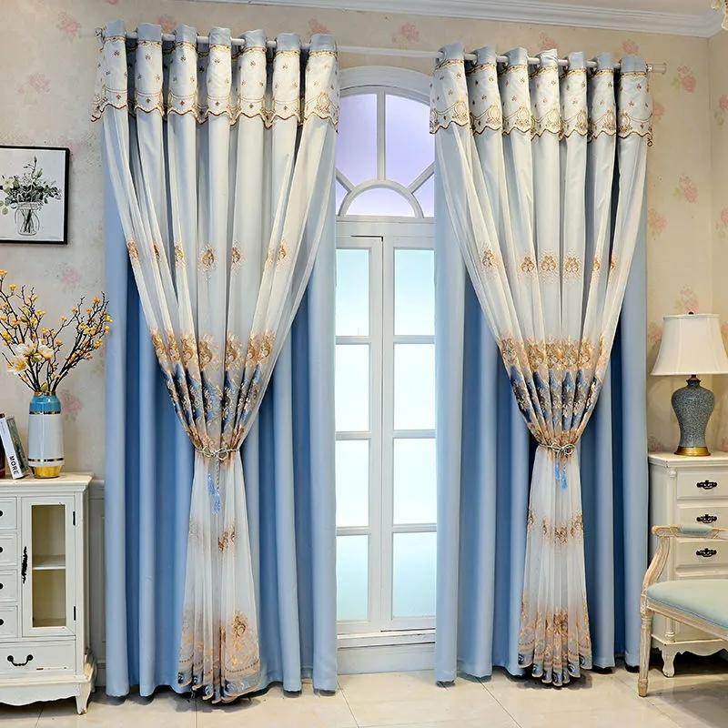 Vorhänge Doppellagige bestickte Vorhänge Schlafzimmer Zuhause Verdunkelungsvorhänge Wohnzimmer mit Garnvorhangstange 310*270cm*2pcs blau