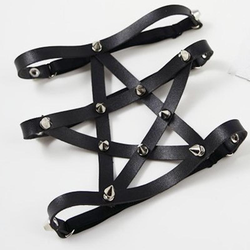Gothic Punk Leder Strumpfbänder Bein Ring Weibliche Sexy Pentagramm Verband Revits Strumpfbänder Streetwear Party Bein Ring Stretch schwarz