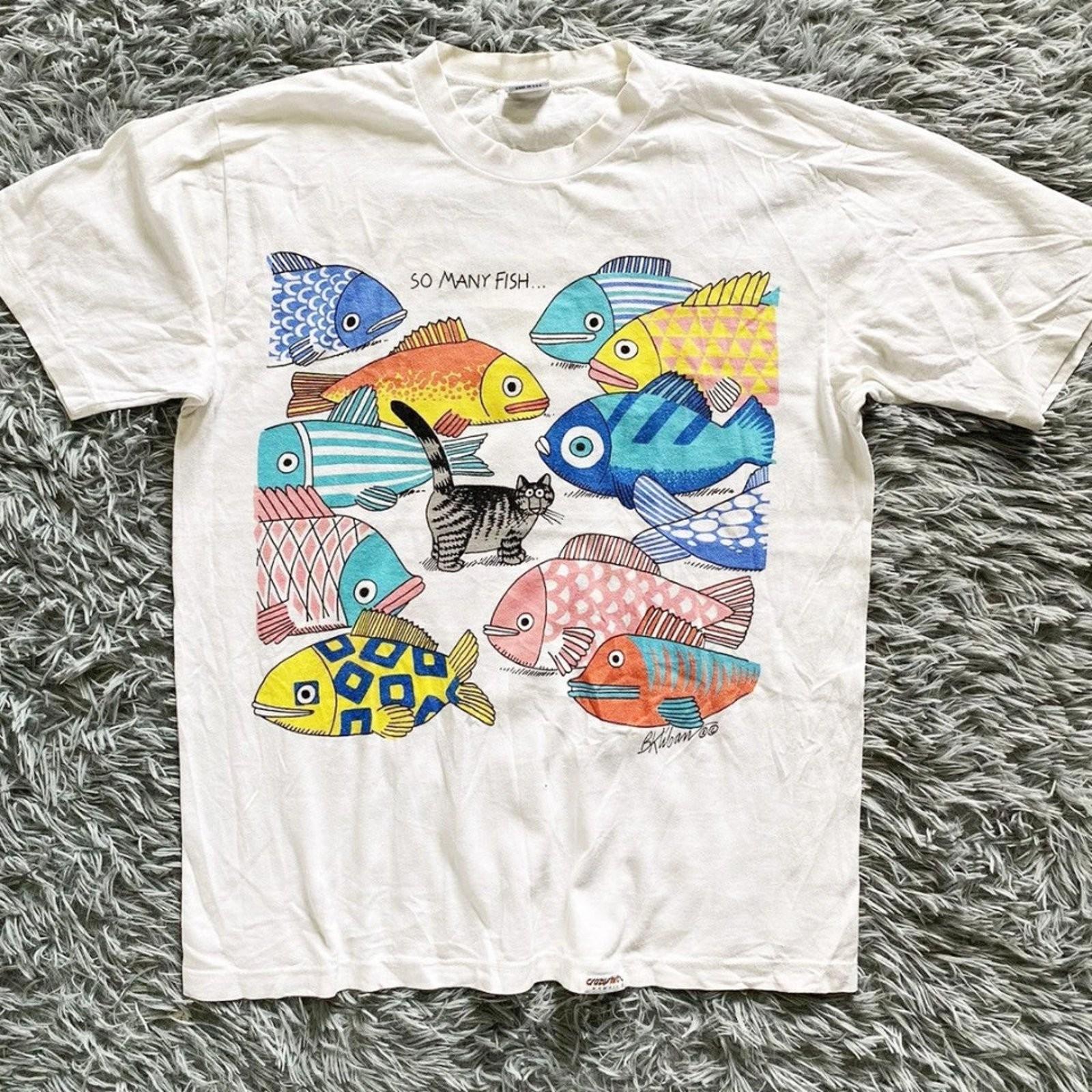 Retro B Kliban Katze So Viele Fische Grafik T-Shirt Unisex Baumwoll-T-Shirt L bunt