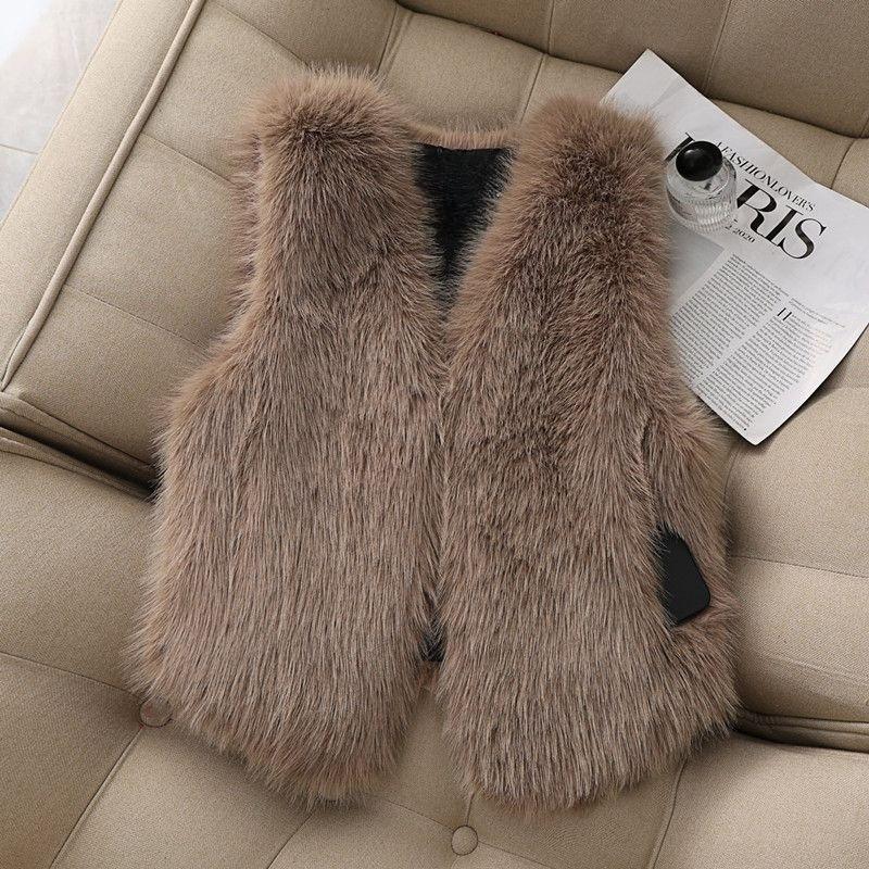 Herbst Winter Faux Fuchs Pelz Weste Kurzer Roter Mantel für Damen Süße und Warme Oberteile XXL khaki