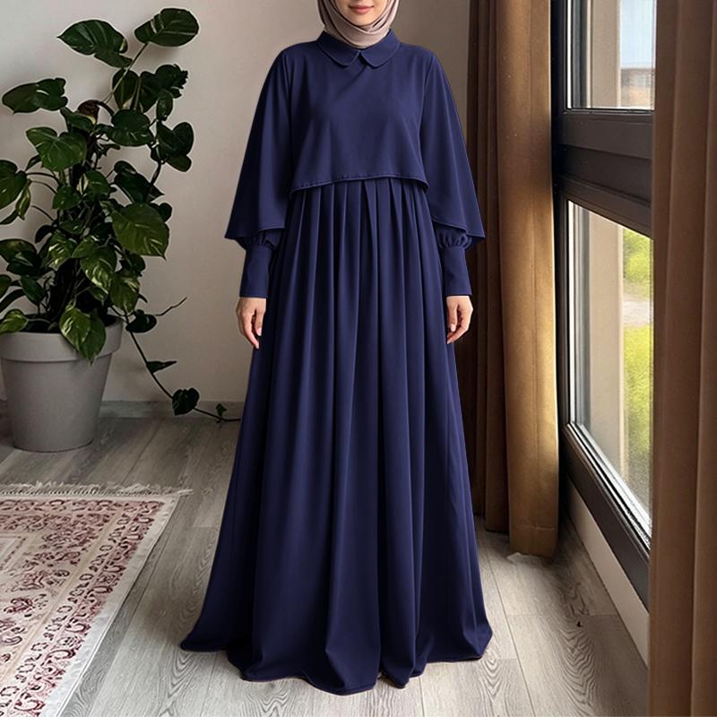 ZANZEA Damen Muslimisch Lässig Rundhals Einfarbig Langarm Locker Kleid 5XL dunkelblau