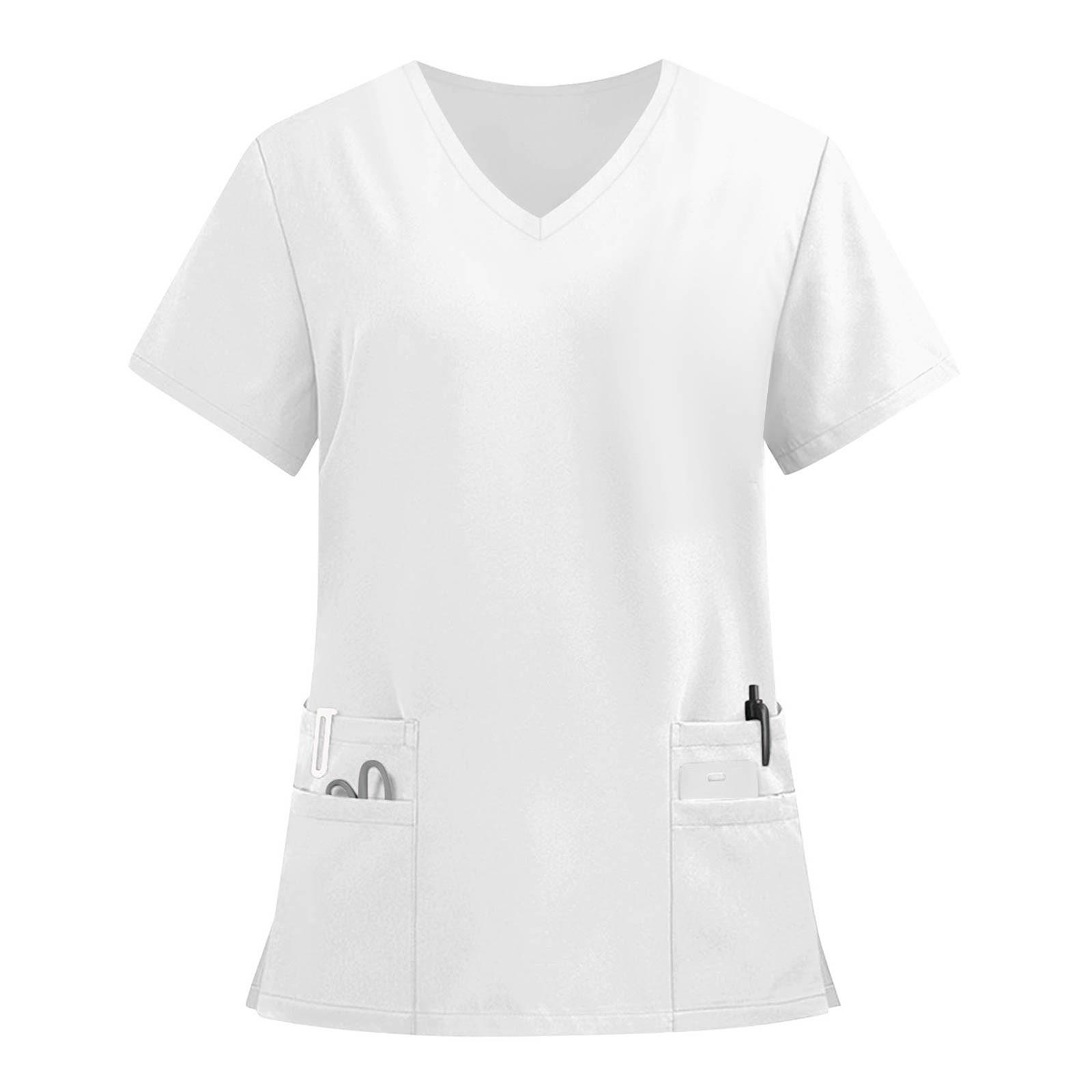 Damenmode Einfarbig Kurzarm V-Ausschnitt Muster Tops Tasche Arbeits-T-Shirts XXXXXL weiß