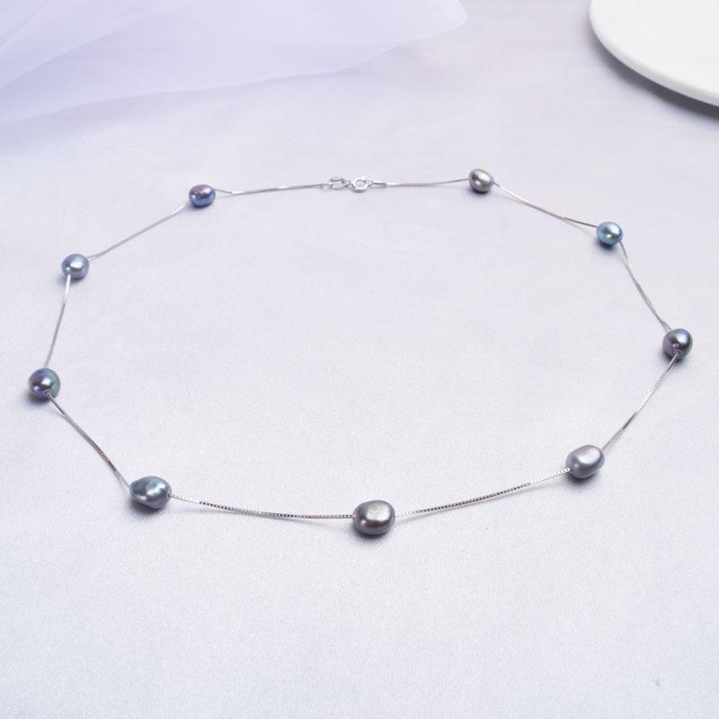 Barocke Naturperlen-Halskette für Damen mit 925er-Sterlingsilber-Kette, 6–7 mm Süßwasserperle, Modeschmuck 55cm schwarz