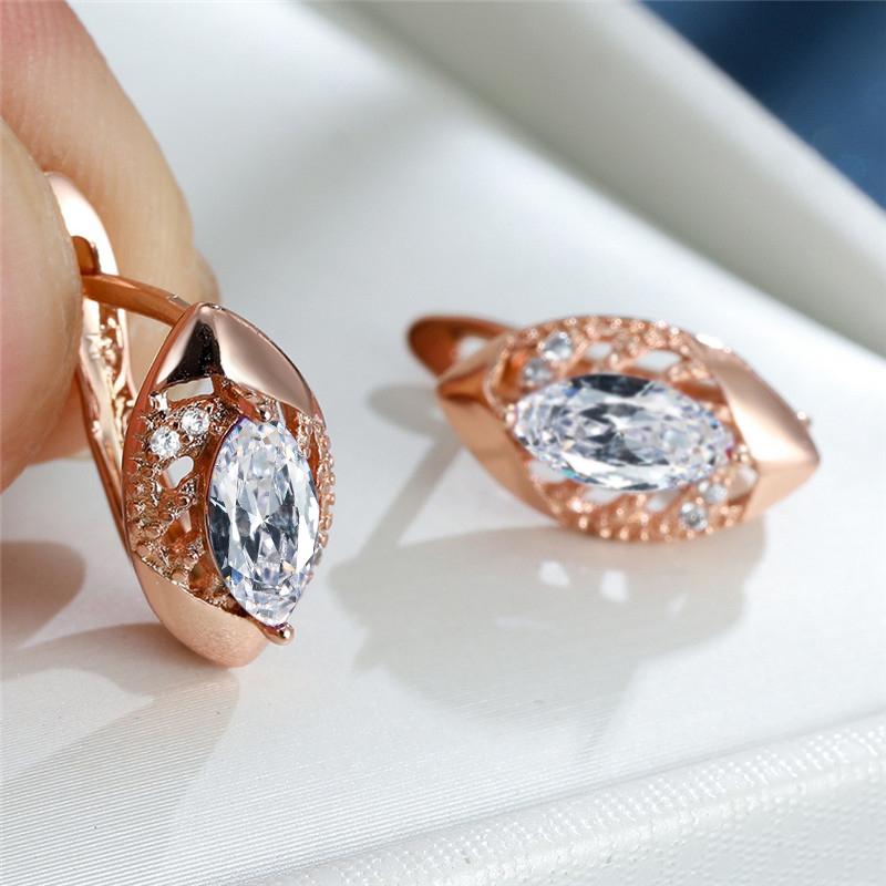 Roségoldfarbene Marquise-Schliff-Ohrringe, Lila, Rosa, Blau, Aqua-Kristall, Hakenohrringe, Geburtsstein-CZ-Tropfen-Ohrringe, hohle Blatt-Ohrringe weiß