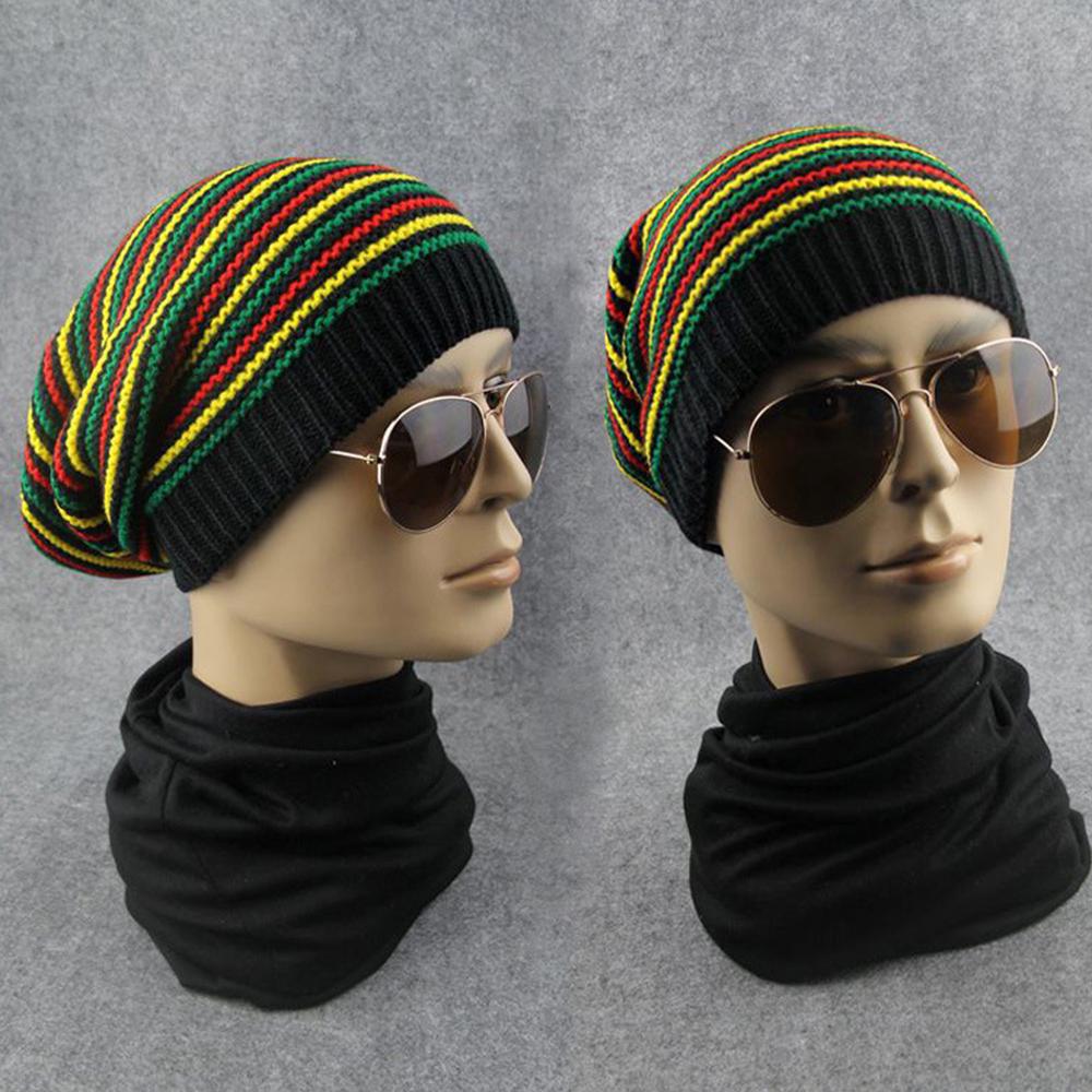 Hut Stylischer Bob Marley Reggae Hut Jamaican Pom Slouch Baggy Beanie Streifen Krempe Baumwolle Winter random