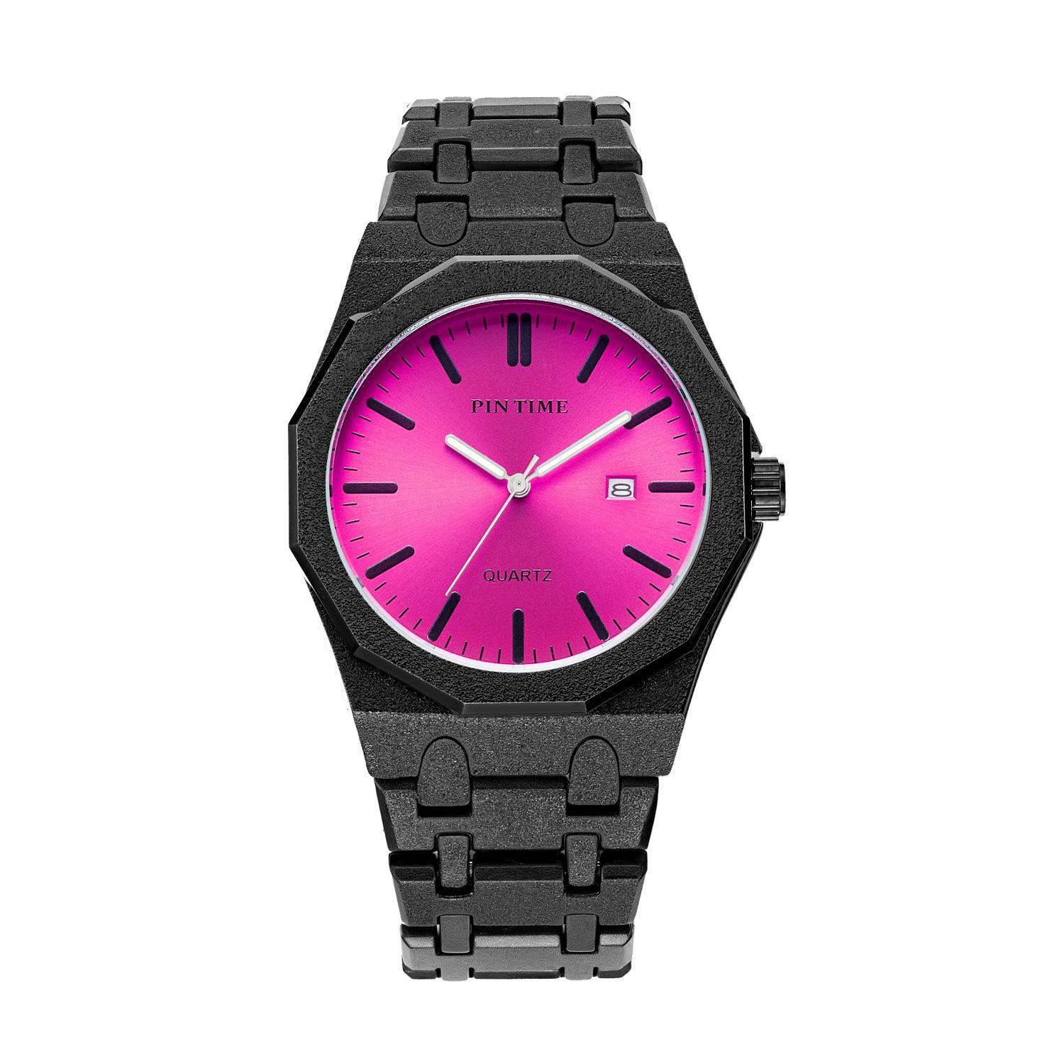 Klassische Herren Modeuhr Bunt Rot Rosa Rose 45mm Edelstahl Mattierte Oberfläche Quarzwerk Armbanduhren Uhren Montre schwarz/hellrosa