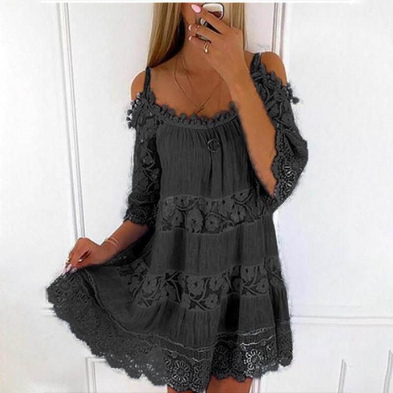 Sommer Casual Plus Größe Spitze Kleid Frauen Neue Mode Elegante Lose Rüschen A-linie Kurzes Kleid Mode Geburtstag Party Sling Kleider 543 5XL schwarz