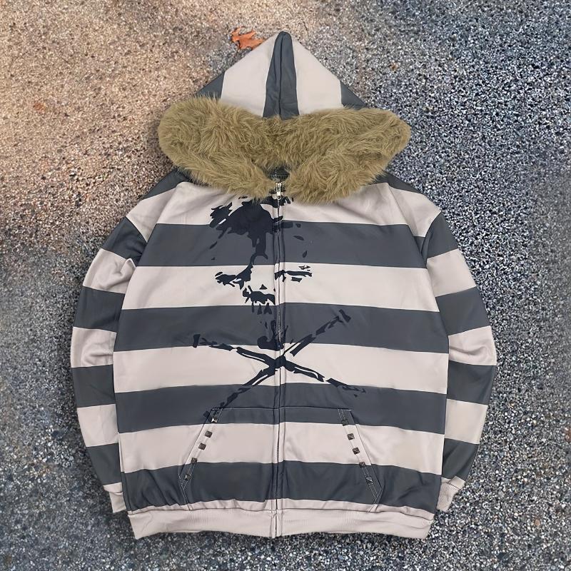 Y2K Kapuzenpullover mit dunklem Thema, bedruckt, personalisiert, mit kontrastierendem breitem Streifen für Männer und Frauen S grau