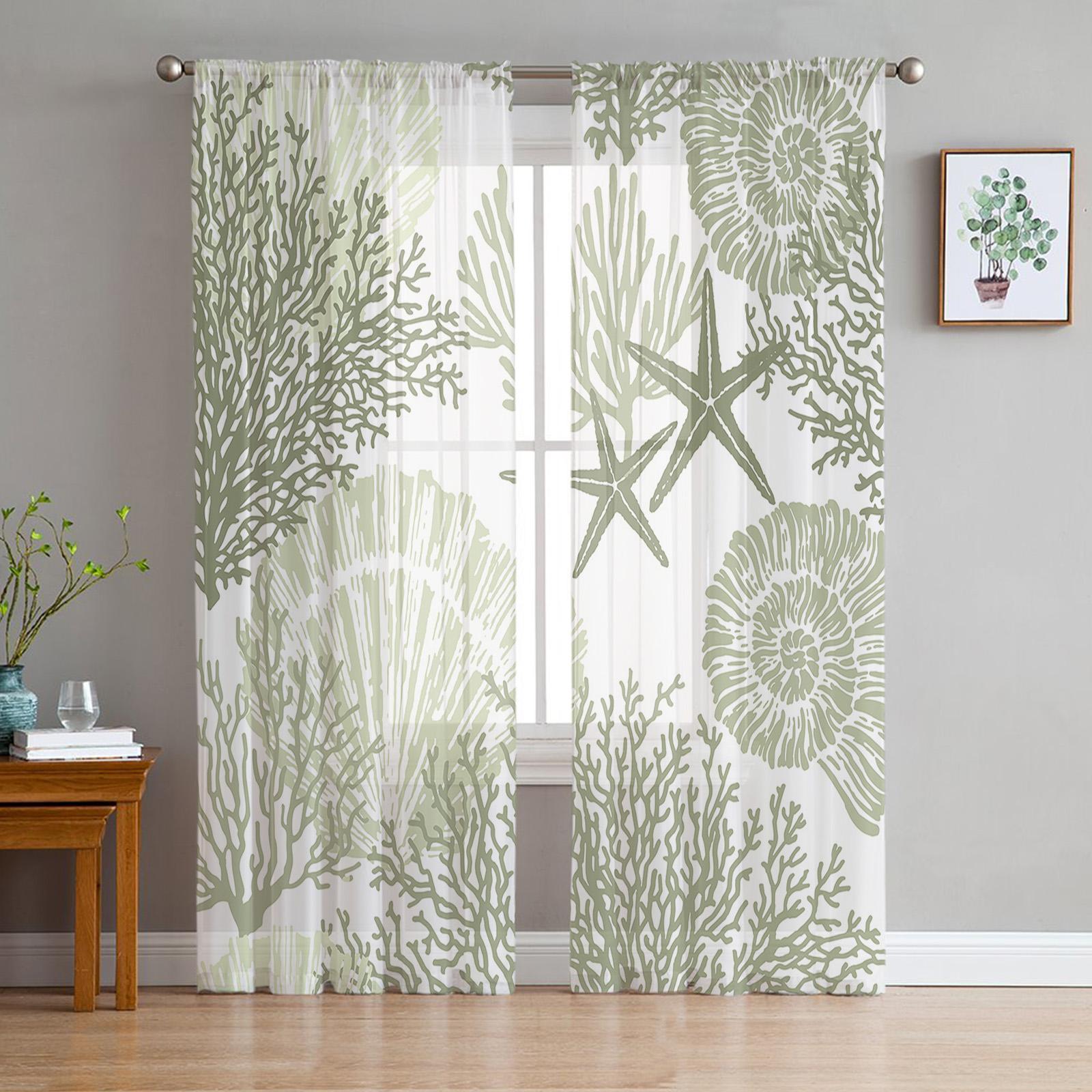 Salbeigrün Ozean Koralle Muscheln Seesterne Abstrakt Transparente Vorhänge für Wohnzimmer Fenster Vorhänge Küche Tüll Voile Vorhänge W135 x H115cm x1 white