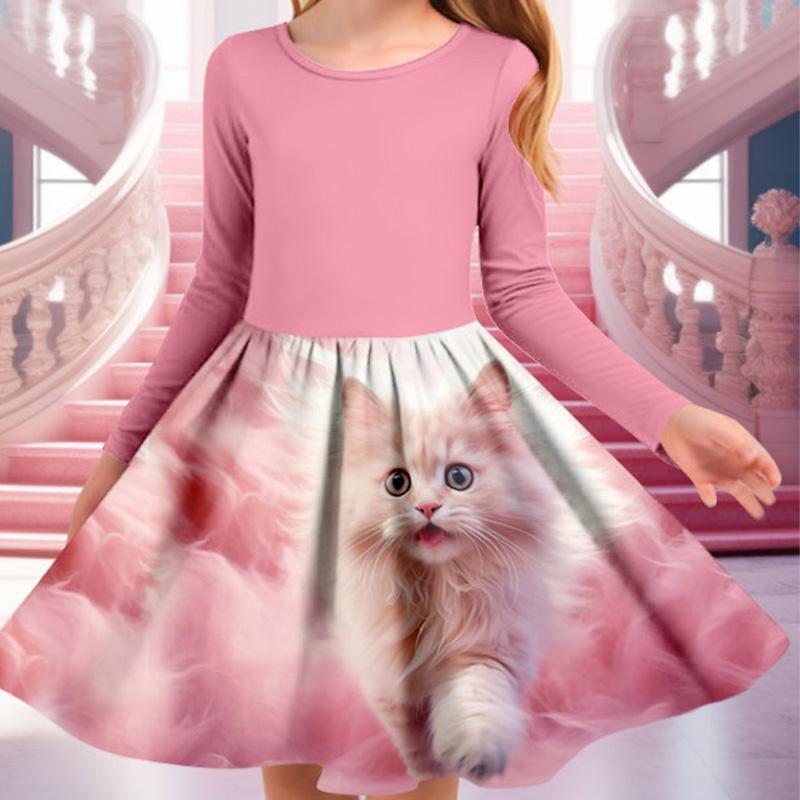 Frühling Mädchen Casual 3D Nette Katze Drucken Rundhals Langarm Kleid Kind Prinzessin Kleid 110 rot