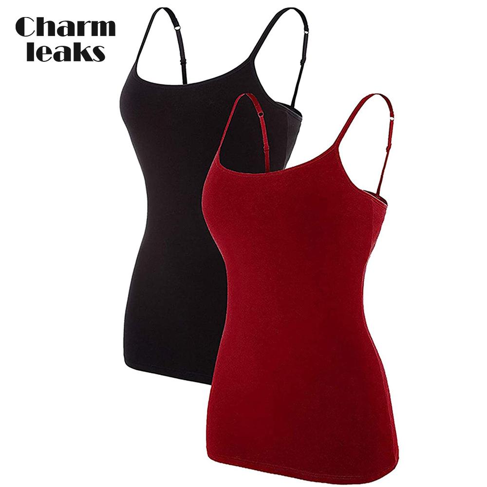 Charmleaks Damen-Unterhemd aus Baumwolle, Damenunterwäsche, Nachtwäsche, Unterwäsche, Hebe-BH, solides Basic-Tanktop, 2er-Pack M schwarz/rot