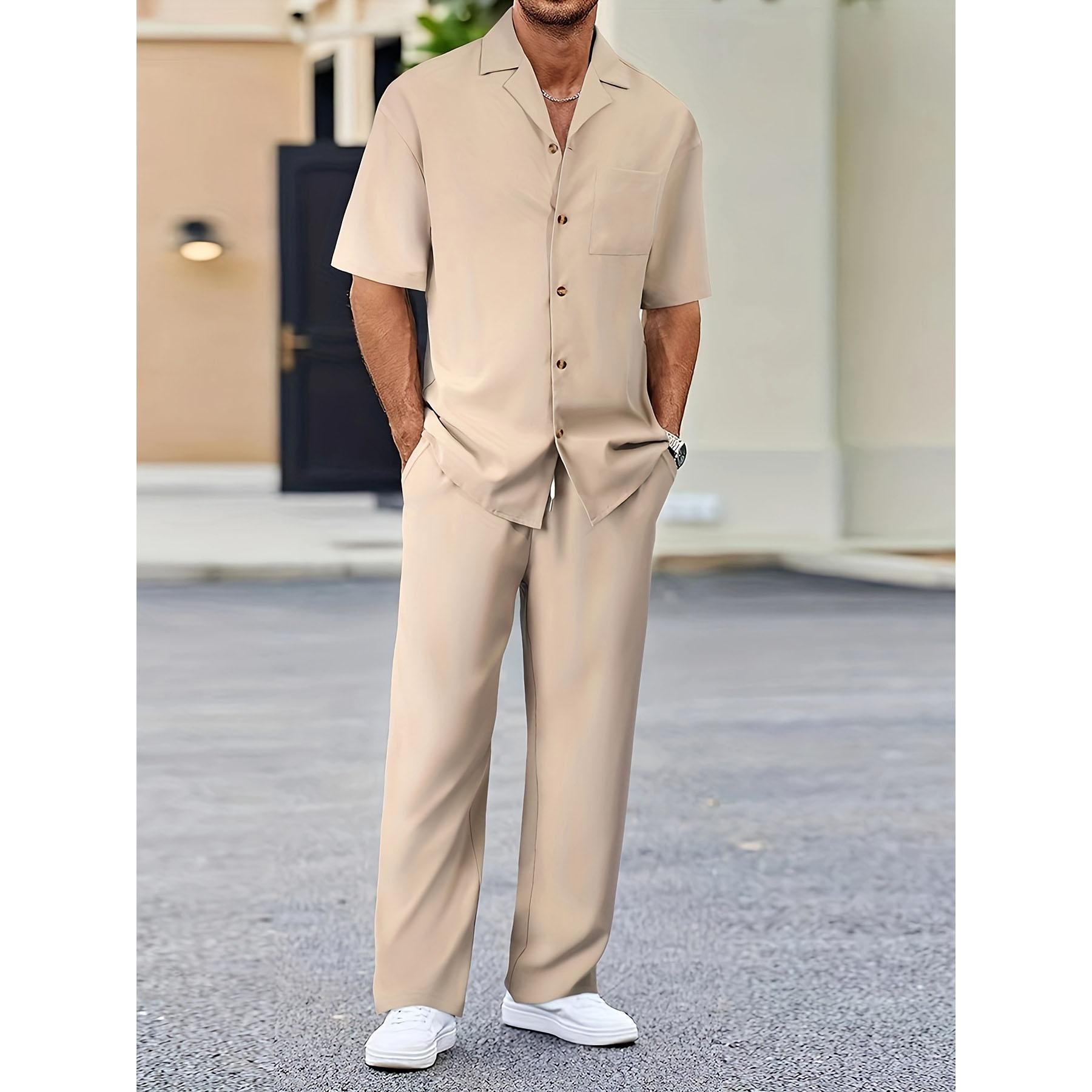 (Hemd+Hose) Sommer Herrenmode Klassisches Hemd Herren Business Casual Shirts Herren Ein Satz Kleidung S apricot