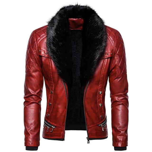 Punk-Stil Herren Wintermode Abnehmbarer Pelzkragen Reverskragen Coole verdickte Lederjacke Lederkostüm XXXL rot