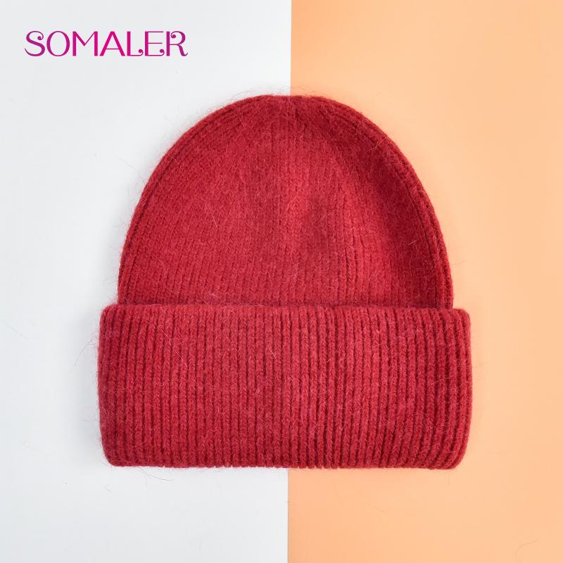 SOMALER Winter Angora Wolle Gestrickte Mütze Weich Warm Flauschig Kaninchenfell Strick Einfache Mützen für Damen dunkelrote