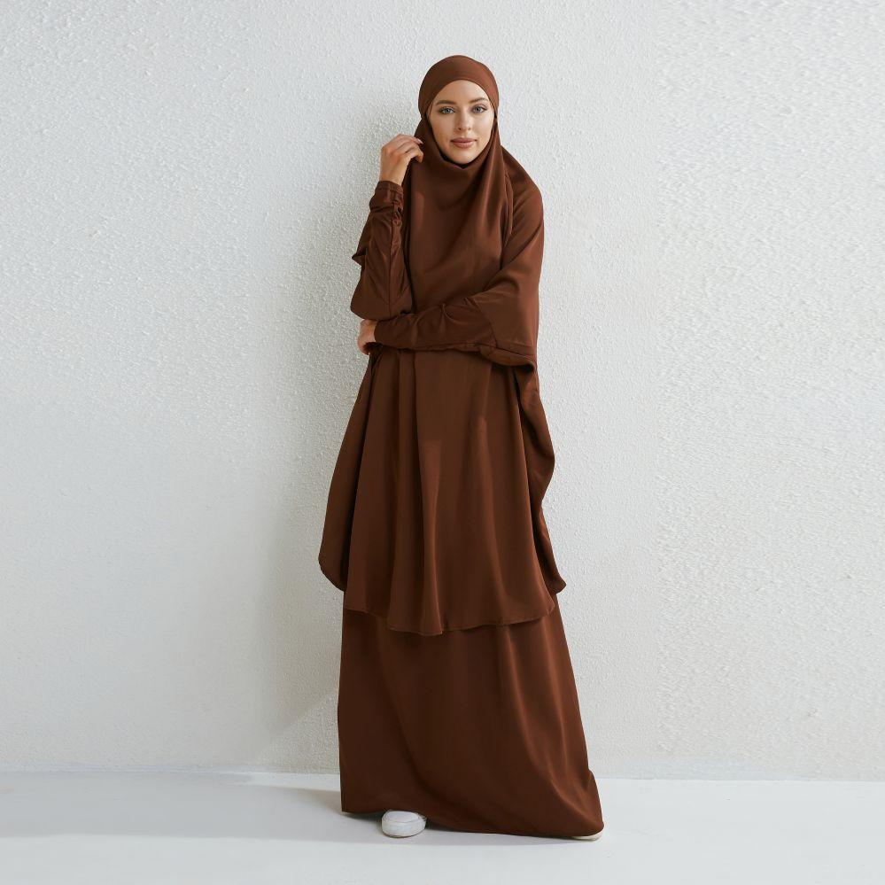 Muslimische Sets Zweiteilige Gebetskleidung Lange Kapuzen-Rauchhülsenhemden Hijab Lose Maxiröcke Elastische Taille Damen-Abaya-Sets One Size kaffeebraun