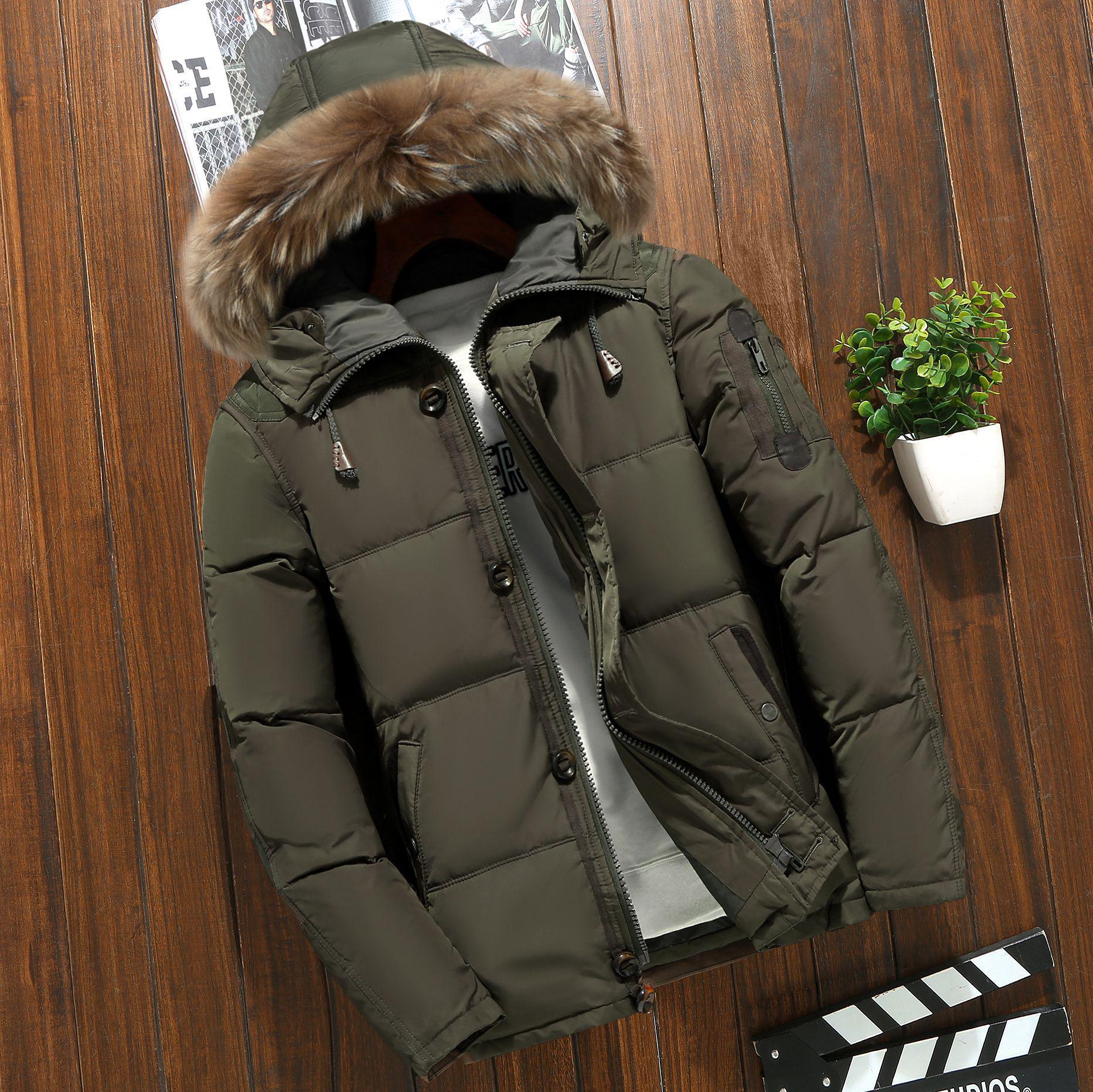 Winter Unten Mantel männer Taste Zipper Design Pelz Kragen Mit Kapuze Unten Jacke Dicke Warme Weiße Ente Unten Mantel Parka marke Männer Kleidung L armee grüne