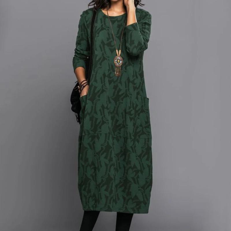 Elegantes bedrucktes Langarm-Plus-Size-Kleid Damenmode Rundhalsausschnitt Lässige lange Kleider Damen Lose Vintage Bürodame Sommerkleid 1312 3XL grün