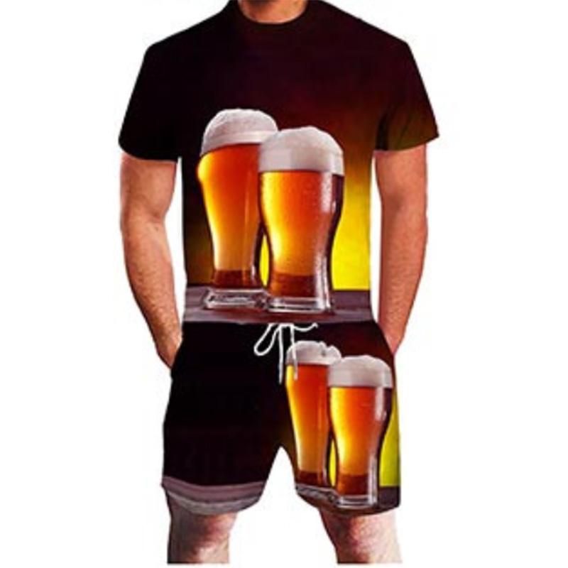 Bier 3D-Druck Herren Trend T-Shirt Set Sommer Casual Rundhals T-Shirt Shorts 2 Stück Set Mode Mann Kleidung Pullover Trainingsanzug 5XL